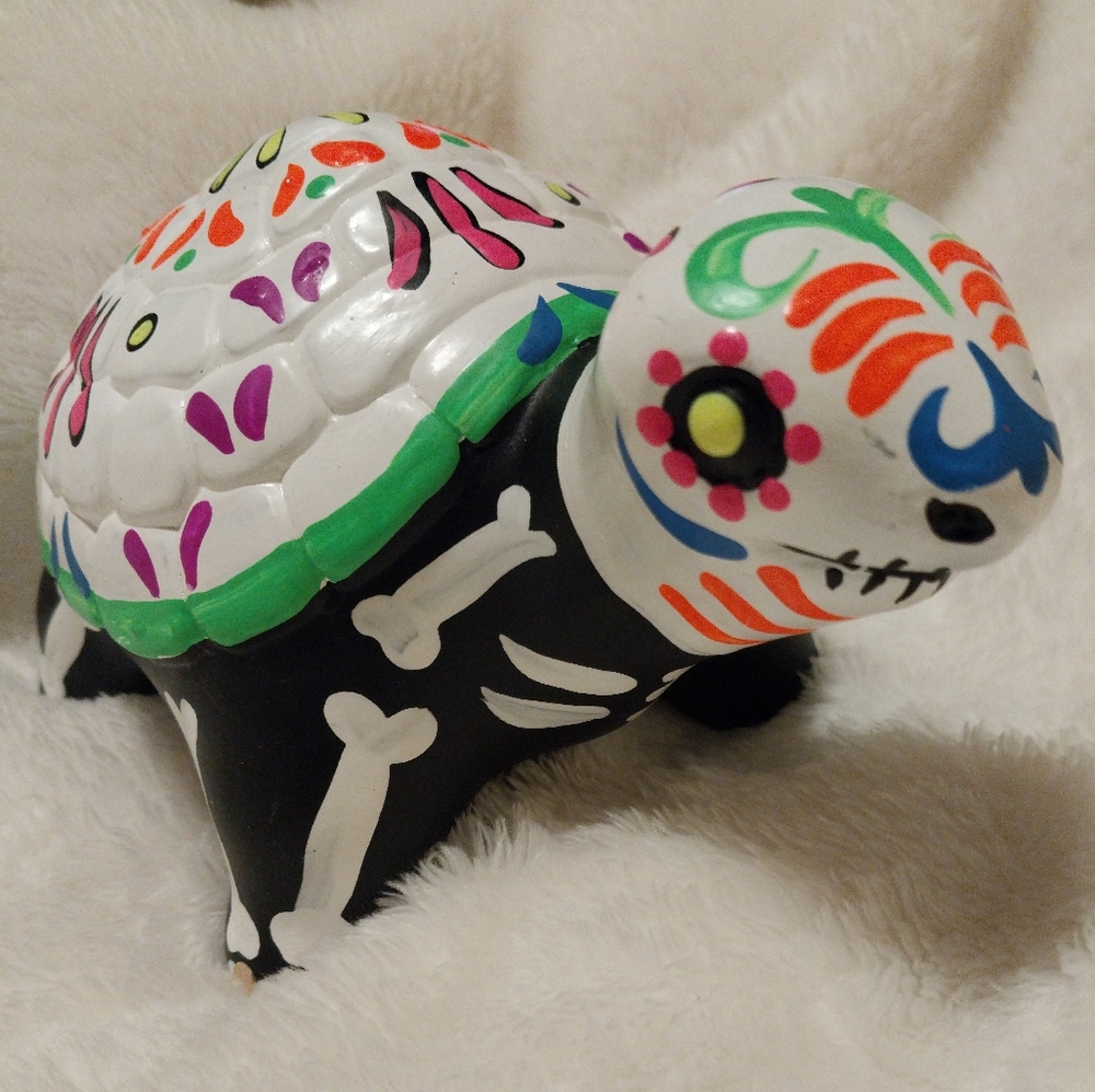 Peruvian Folk Art Hand Painted Sugar Skull Turtle Figurine